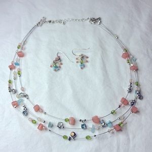 Vintage Avon y2k Illusion Necklace & Earrings AB Rhinestones Pink Blue Beaded
